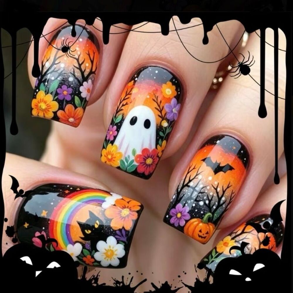 Halloween Press On Nails Ghost Black Cat Pumpkin Floral False Nails Fake Nails - Picture 4 of 5